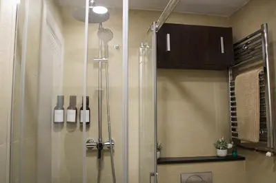 a shower in a bathroom with bottles of wine at Apartamento Lauda in Hospitalet de Llobregat