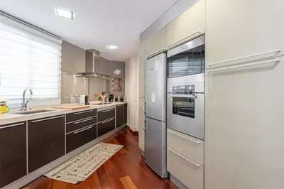 a kitchen with stainless steel appliances and wooden floors at Canela Homes BARCELONA OLYMPIC in Barcelona