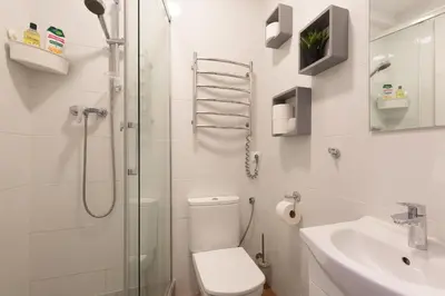 a white bathroom with a shower and a toilet and a sink at Sagrada Familia Apartment in Barcelona