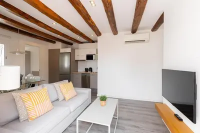 a living room with a couch and a flat screen tv at Decô Apartments Barcelona-Sants in Barcelona