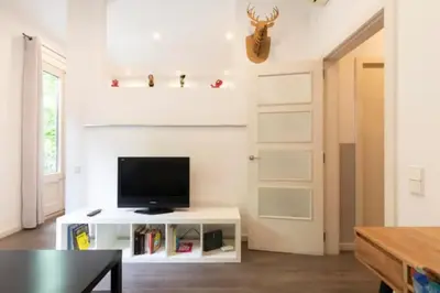 a living room with a tv on a white cabinet at Canela Homes BARCELONA URQUINAONA in Barcelona