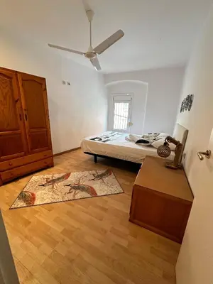 a bedroom with a bed and a ceiling fan at Vista Alegre Rest House for 7 Persons in Vallromanas