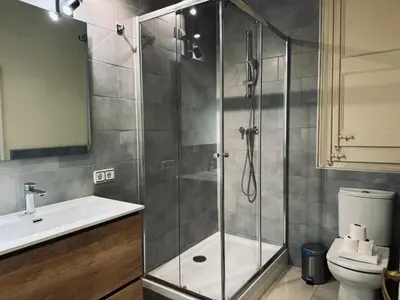 a bathroom with a shower and a sink and a toilet at Sweet BCN Borrell in Barcelona