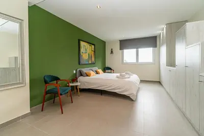 a bedroom with a bed and a green wall at Casa Majestic in Cunit