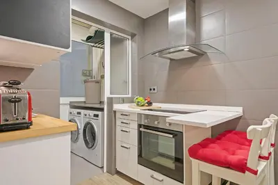 a kitchen with a sink and a washing machine at Habitat Apartments Pau in Barcelona