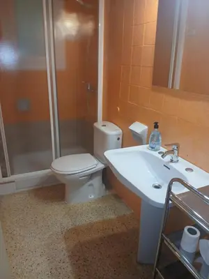 a bathroom with a toilet and a sink and a shower at Primera linea in Cunit