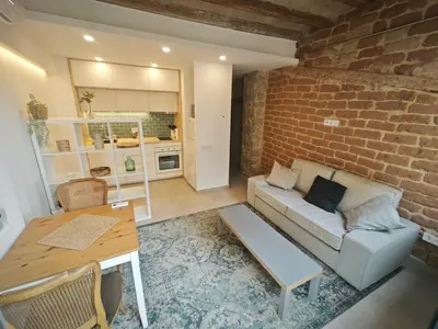 a living room with a couch and a brick wall at Antic Manresa Atico in Manresa