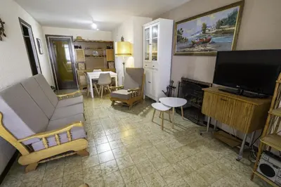 a living room with a couch and a television at HomeholidayRentals Singular - Costa Barcelona in Pineda de Mar