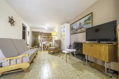 a living room with a couch and a flat screen tv at HomeholidayRentals Singular - Costa Barcelona in Pineda de Mar