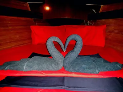 two swans are forming a heart on a bed at COSY BOAT FLAT at BARCELONA BEACH in Barcelona