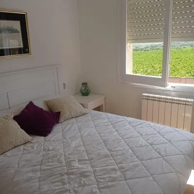 a bedroom with a large white bed with a window at Ca La Montserrat - Wine Rural House in San Martín Sarroca