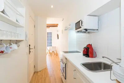 a kitchen with a sink and a counter top at Apartamentos Mayor by Habama Group in Sitges