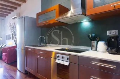 a kitchen with a stove and a refrigerator at Tranquilo y luminoso apartamento en el Eixample in Barcelona