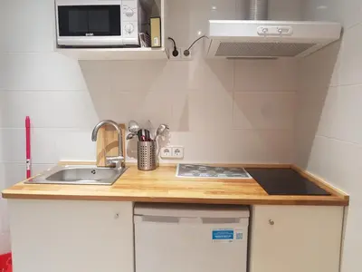 a small kitchen with a sink and a microwave at 030 apartameto 4-1 in Barcelona