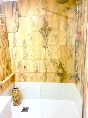a bathroom with a shower and a bath tub at Tucan tropical in Sabadell