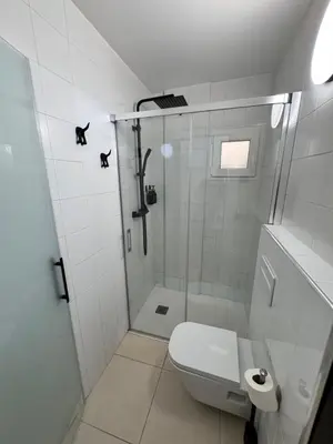 a white bathroom with a shower and a toilet at Apart con terraza en Florida E2 in Hospitalet de Llobregat
