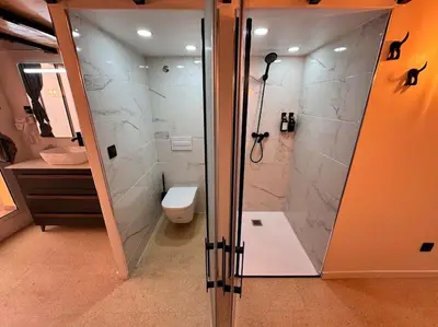 a bathroom with a shower and a toilet at Precioso estudio con terraza en Florida E1 in Hospitalet de Llobregat