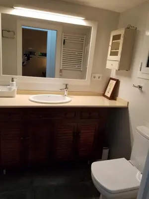 a bathroom with a sink and a toilet and a mirror at Apart 2 bedrooms 2 bathroom 30 nigth min WiFi washmachime elevator AC heather in Barcelona