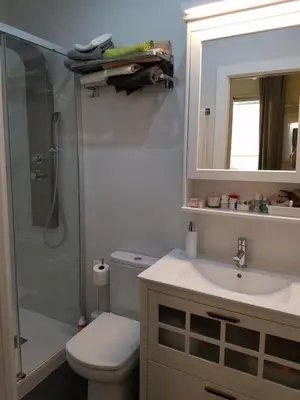 a bathroom with a shower and a toilet and a sink at Apart 2 bedrooms 2 bathroom 30 nigth min WiFi washmachime elevator AC heather in Barcelona