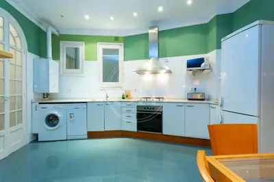 a kitchen with a table and a green wall at Apartamento céntrico para 4 in Barcelona