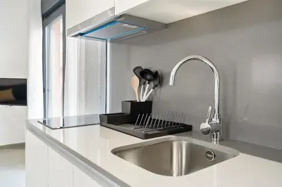 a kitchen counter with a sink and a knife rack at Fira Building in Hospitalet de Llobregat