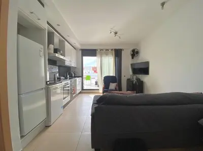 a living room with a couch and a kitchen at Tranquilo y con terraza in Terrassa