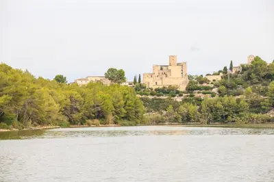 a castle on top of a hill next to a river at Cal Vimón in Las Masucas