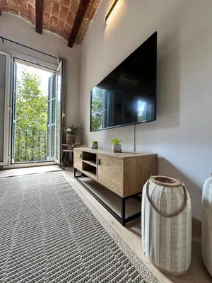 a living room with a couch and a tv at Sant Pau Modernista in Barcelona