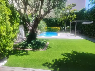 a green yard with a tree and a swimming pool at Alojamiento independiente de invitados el Olivo in El Prat de Llobregat