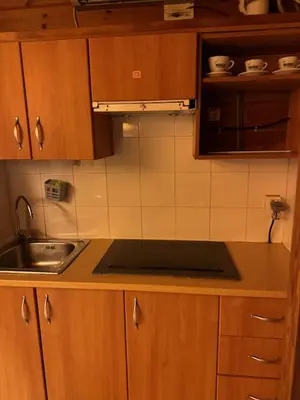 a kitchen with wooden cabinets and a sink at Cool Bungalow in Matadepera