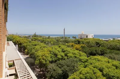 a row of trees with the ocean in the background at Lets Holidays Apartment Sea Views in Barcelona in Barcelona