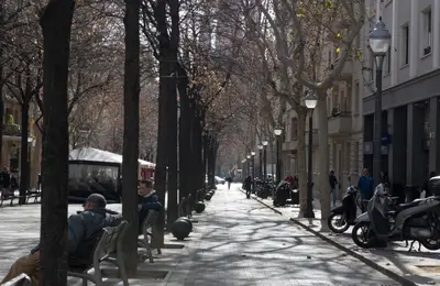 a tree lined street with people sitting on benches at Apartamento Gaudí-Sant Pau in Barcelona