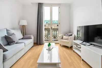 a living room with a couch and a tv at Flateli Pelayo H2 in Barcelona