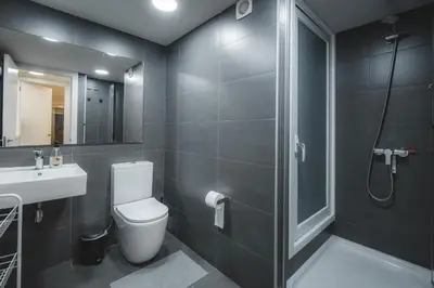 a bathroom with a shower and a toilet and a sink at Chic Poble Nou Loft Terrace & Close to The Beach in Barcelona