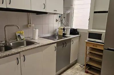 a small kitchen with a sink and a microwave at Romantic 19th century apartment in Barcelona