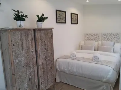 a bedroom with two beds and two potted plants at Sitges Centre Mediterranean House- 5 Bedroom, 4 Bathroom, Terrace Courtyard, Private Rooptop Pool in Sitges