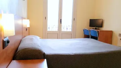 a bedroom with a bed and a tv and a window at Hostal Capitol Ramblas in Barcelona