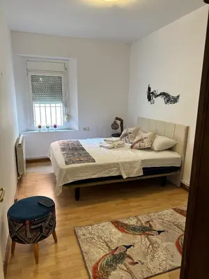 a bedroom with a bed and a window and a rug at Relax Holiday Home in Vallromanas