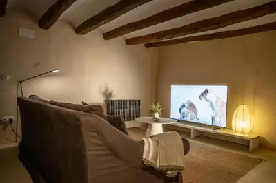 a living room with a couch and a flat screen tv at Mas Grimosach - Masía en finca y bodega ecológica - Adults Only in Sant Pau dʼOrdal
