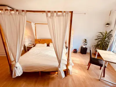 a bedroom with a canopy bed with curtains at Casa Clot in Barcelona