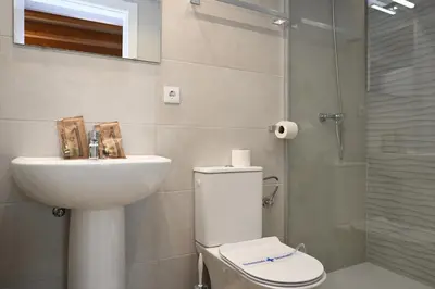 a bathroom with a toilet and a sink and a shower at Homenfun Dalt Badalona in Badalona