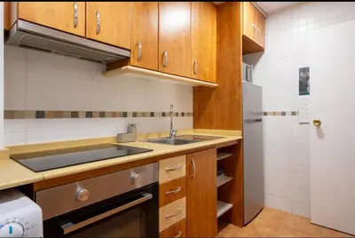 a kitchen with wooden cabinets and a sink and a refrigerator at 2 Habitaciones Hospitalet in Hospitalet de Llobregat