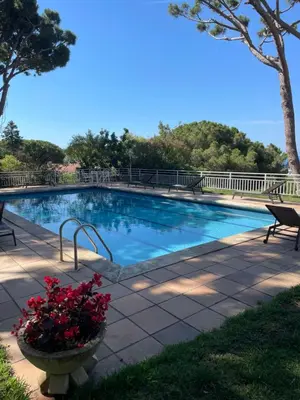 a swimming pool with some flowers in a basket next to it at Villa Juny Best view in North Barcelona Coast in Cabrils