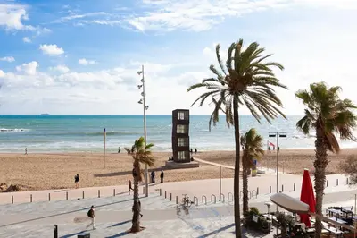 a beach with a clock tower and palm trees at Barceloneta Mar Beach - BM32 in Barcelona