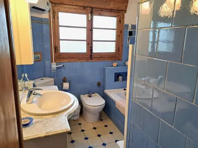 a blue bathroom with a toilet and a sink at HomeHolidaysRentals Suria - Costa Barcelona in San Pol de Mar