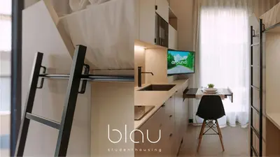 a small room with a desk and a bunk bed at BLAU Student Housing - Students Only in Barcelona