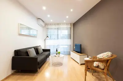 a living room with a black couch and a tv at AB Princep Jordi in Barcelona