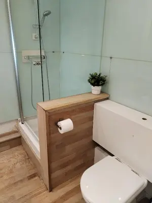 a bathroom with a toilet and a glass shower at Port Alegre Mar in Sitges