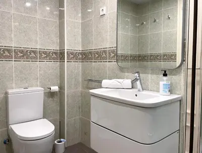 a bathroom with a toilet and a sink and a mirror at Apartment Monet in Vilanova i la Geltrú