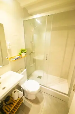 a bathroom with a toilet and a glass shower at rentBCN Paseo de Gracia Apartments in Barcelona
